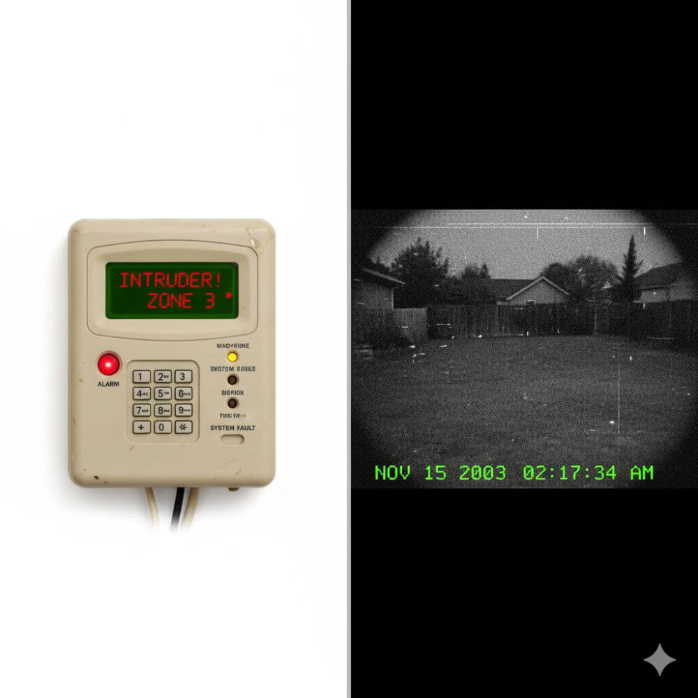 Split screen showing a false alarm on an old panel and a grainy CCTV feed