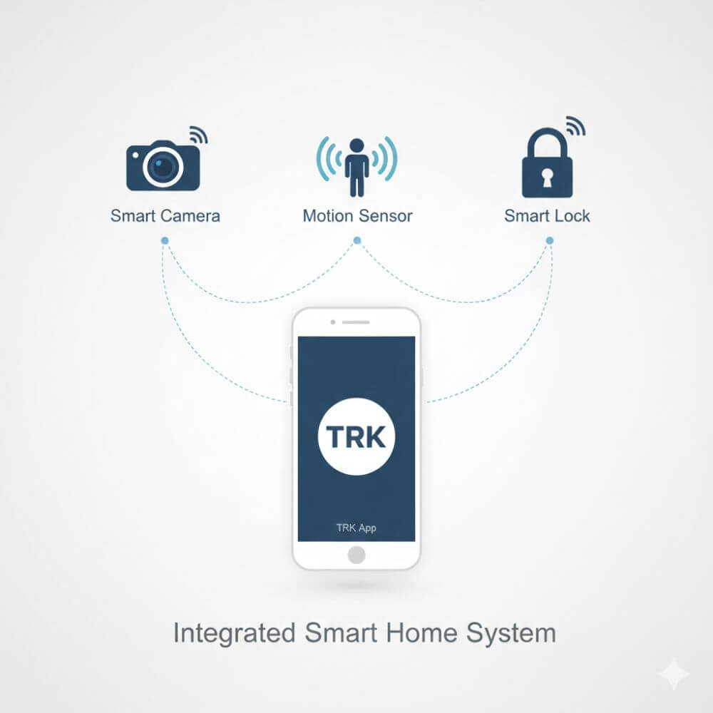 Infographic showing TRK devices connecting to a central app