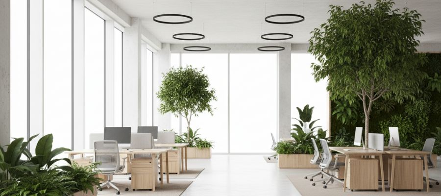 ساختمان مدرن تجاری با نمودارهای گرافیکی مدیریت انرژی و استاندارد ISO 50001